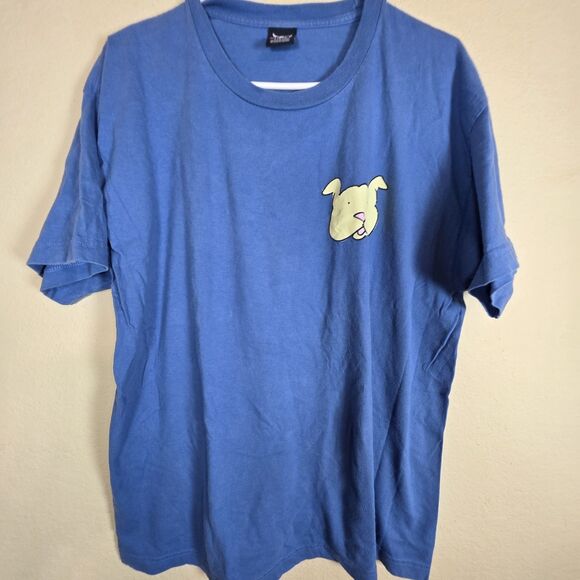Hanes Beefy-T Vintage 90s Graphic Tee dog water fight Navy Blue Size Large - Picture 2 of 9